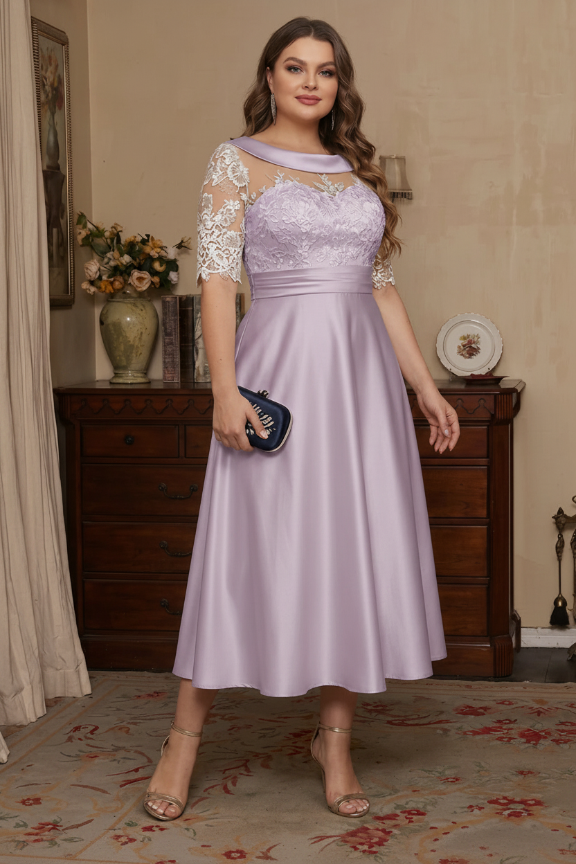 A-Line/Princess Scoop Satin Plus Size Mother of the Bride Dresses Lace Half Sleeves Tea-Length