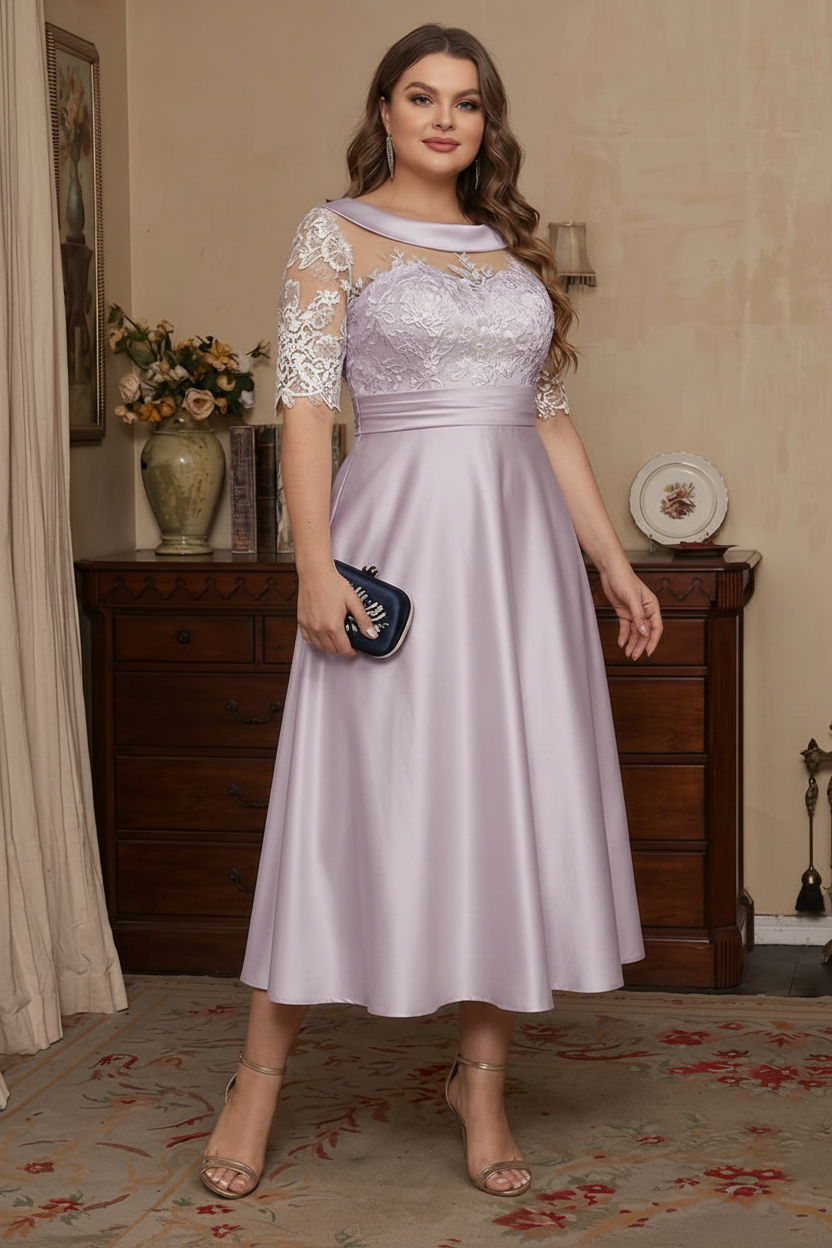 A-Line/Princess Scoop Satin Plus Size Mother of the Bride Dresses Lace Half Sleeves Tea-Length