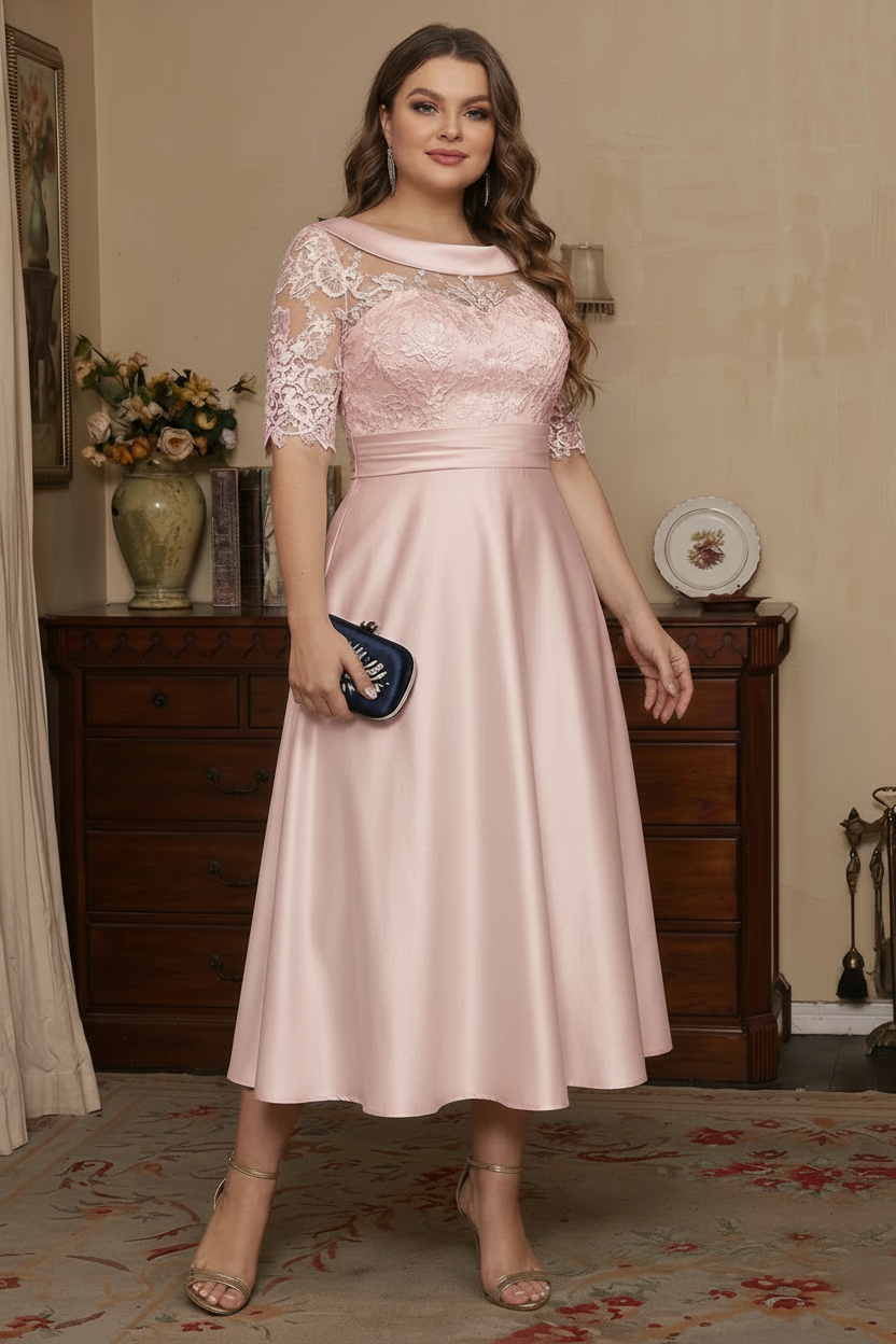 A-Line/Princess Scoop Satin Plus Size Mother of the Bride Dresses Lace Half Sleeves Tea-Length