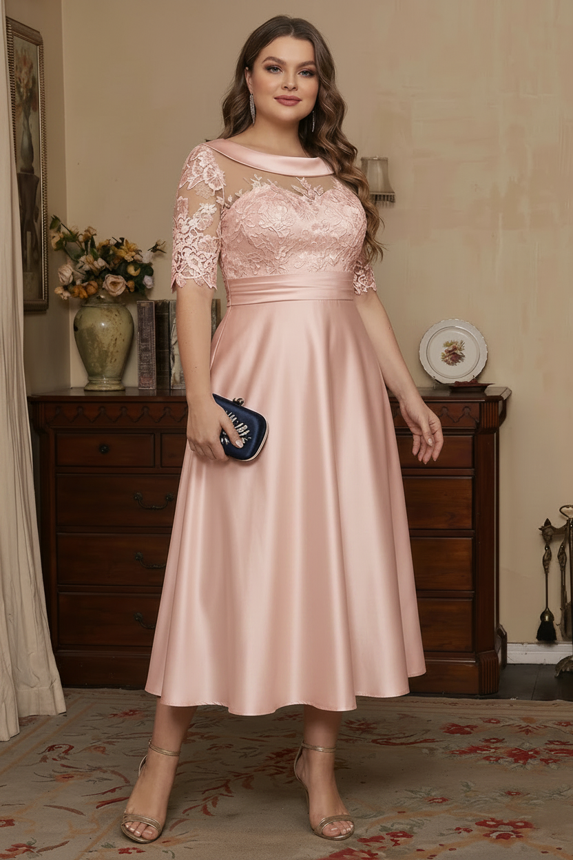 A-Line/Princess Scoop Satin Plus Size Mother of the Bride Dresses Lace Half Sleeves Tea-Length