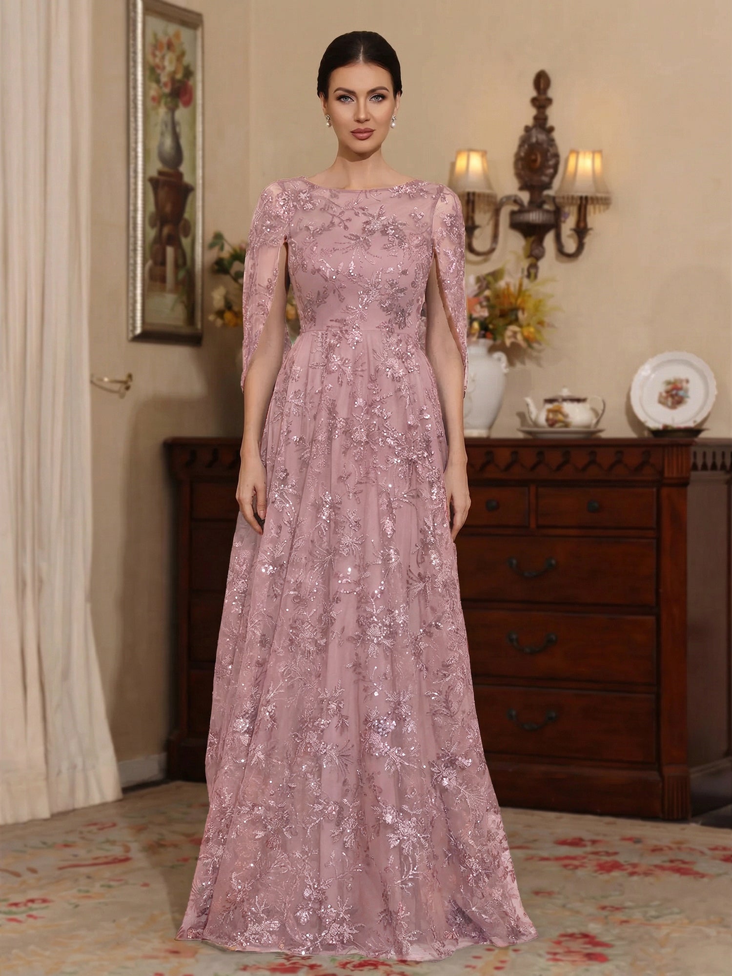 A-Line/Princess Scoop Sequins Lace Mother of the Bride Dresses Cape Sleeves Floral Floor-Length