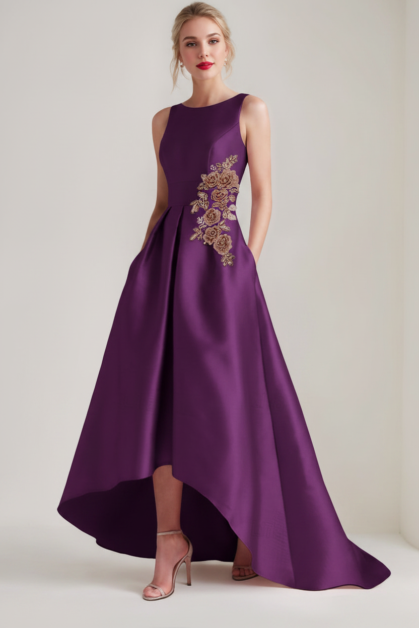 A-Line/Princess Scoop Sleeveless Asymmetrical Mother of the Bride & Groom Dresses with Appliques & Pocket