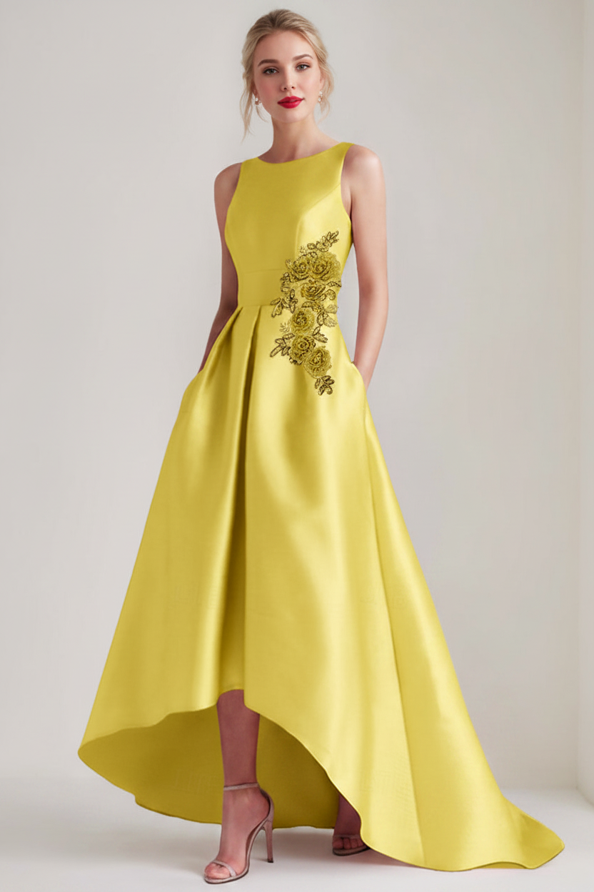 A-Line/Princess Scoop Sleeveless Asymmetrical Mother of the Bride & Groom Dresses with Appliques & Pocket