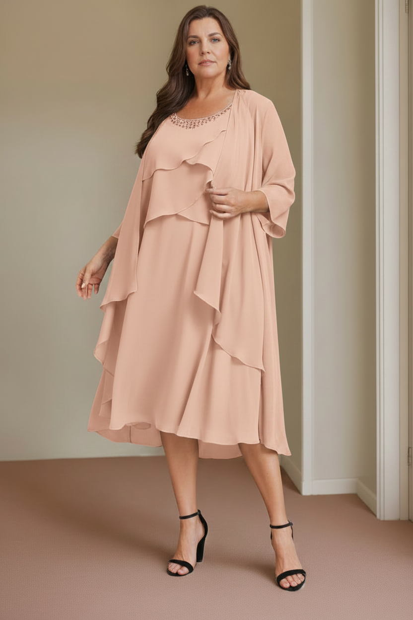 A-Line/Princess Scoop Sleeveless Knee-Length Plus Size Mother of the Bride Dresses with Beading