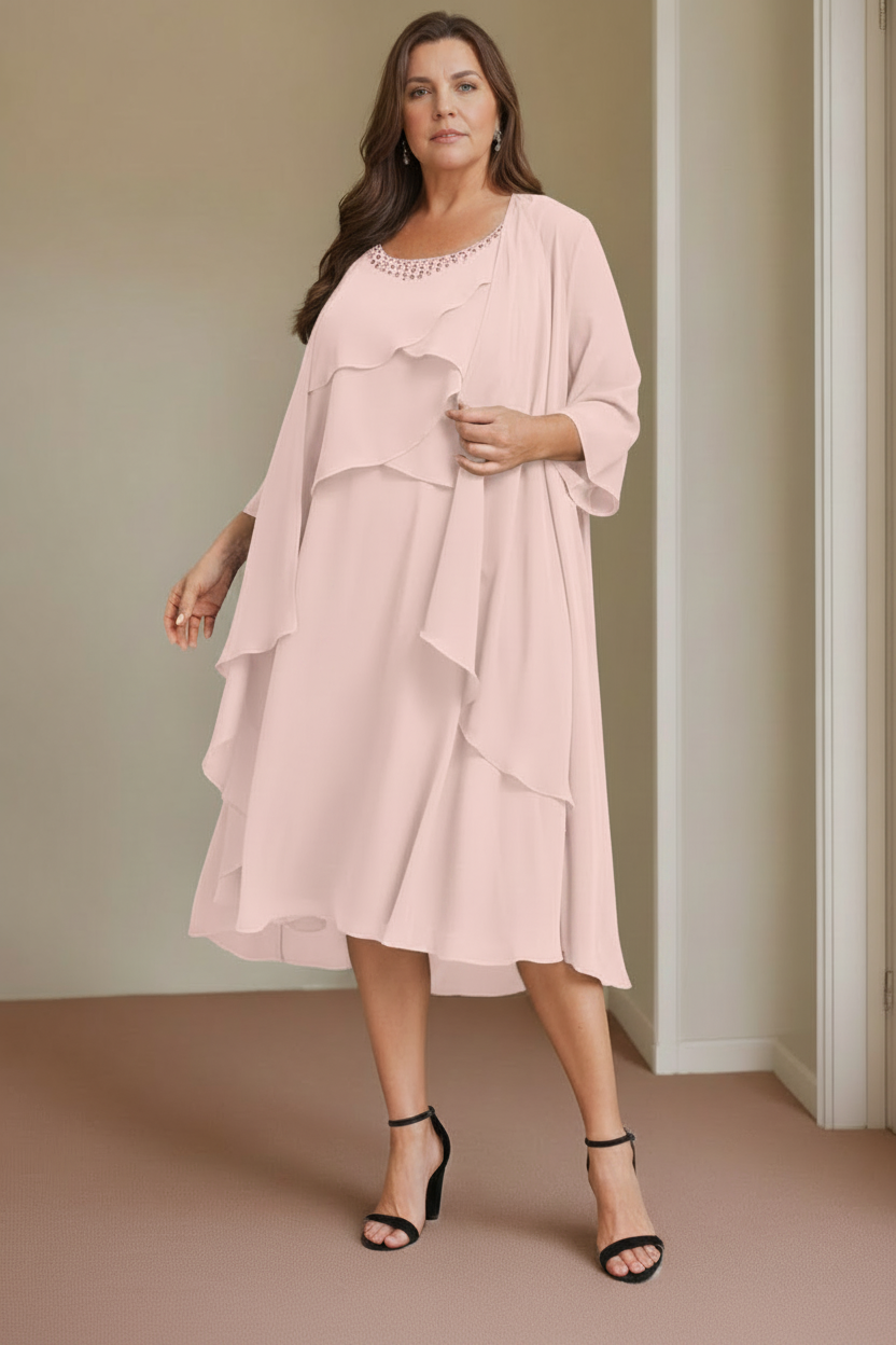 A-Line/Princess Scoop Sleeveless Knee-Length Plus Size Mother of the Bride Dresses with Beading