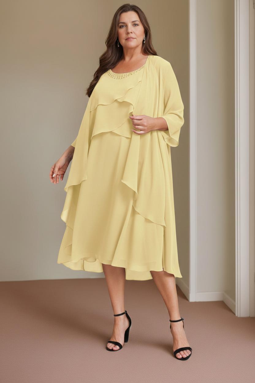 A-Line/Princess Scoop Sleeveless Knee-Length Plus Size Mother of the Bride Dresses with Beading