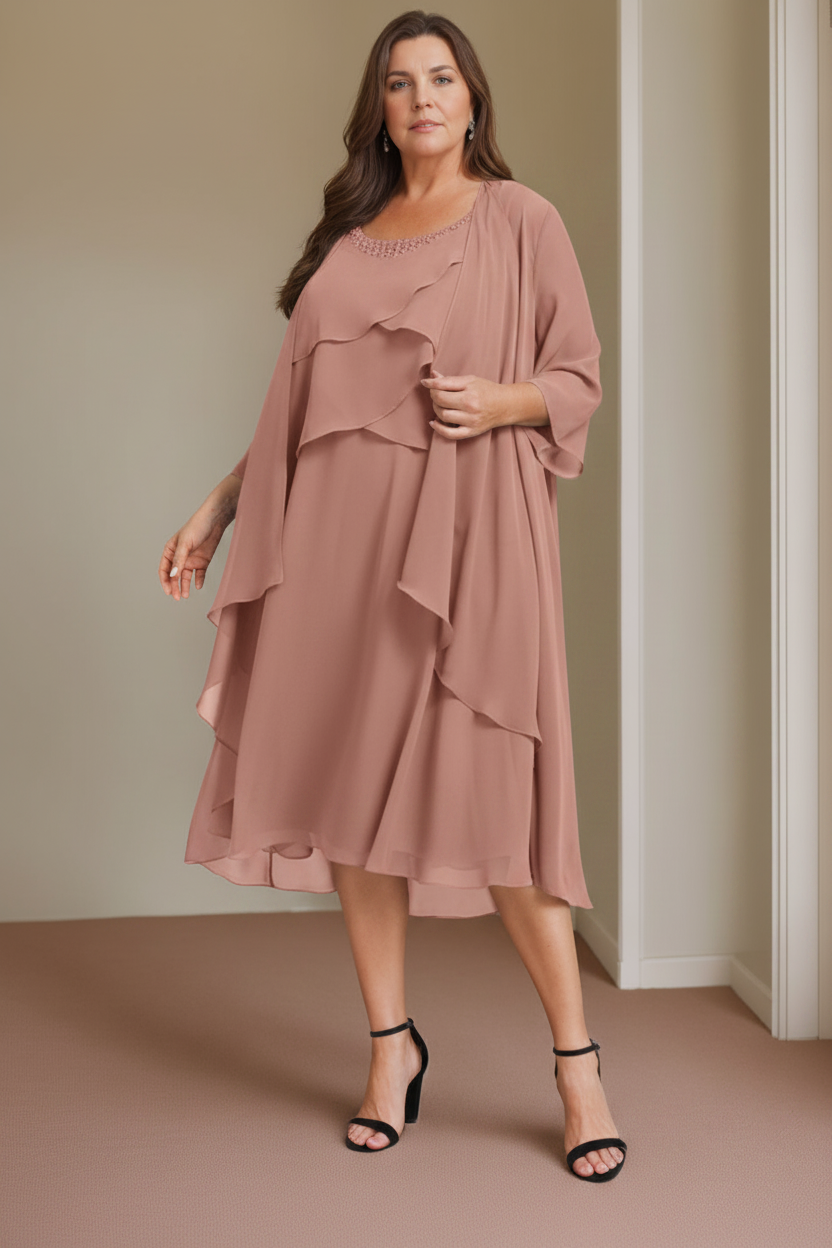 A-Line/Princess Scoop Sleeveless Knee-Length Plus Size Mother of the Bride Dresses with Beading