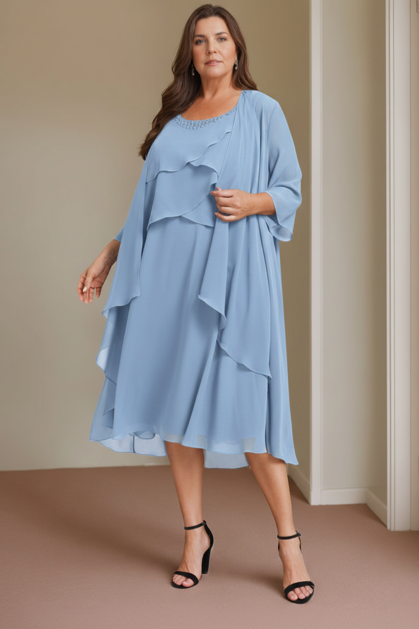 A-Line/Princess Scoop Sleeveless Knee-Length Plus Size Mother of the Bride Dresses with Beading