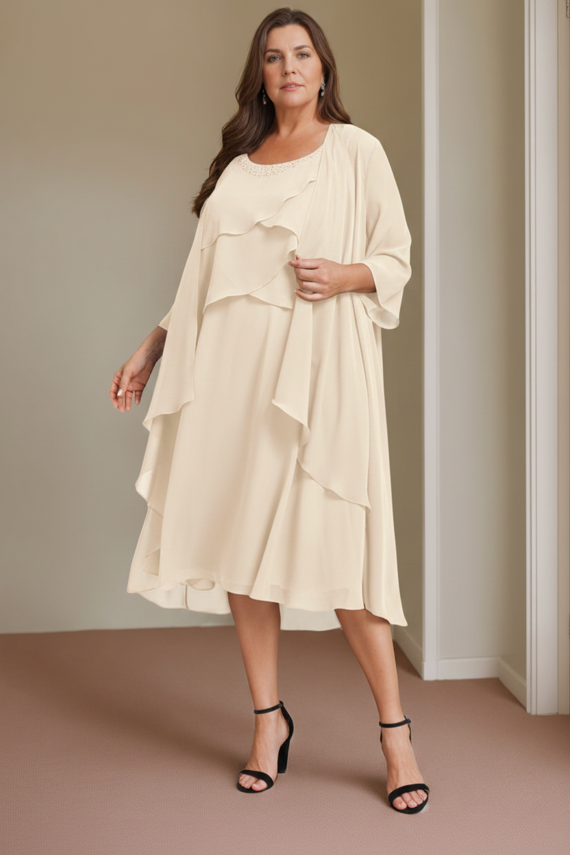 A-Line/Princess Scoop Sleeveless Knee-Length Plus Size Mother of the Bride Dresses with Beading