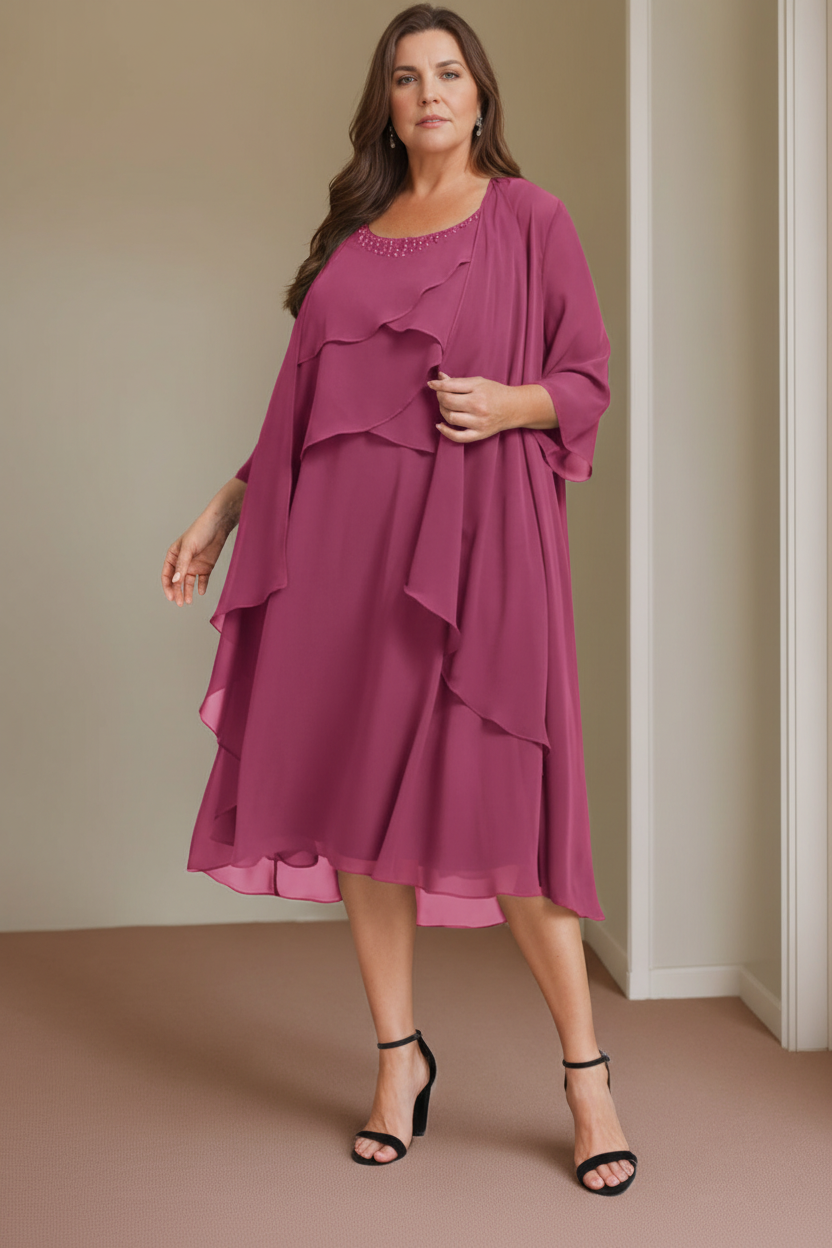 A-Line/Princess Scoop Sleeveless Knee-Length Plus Size Mother of the Bride Dresses with Beading