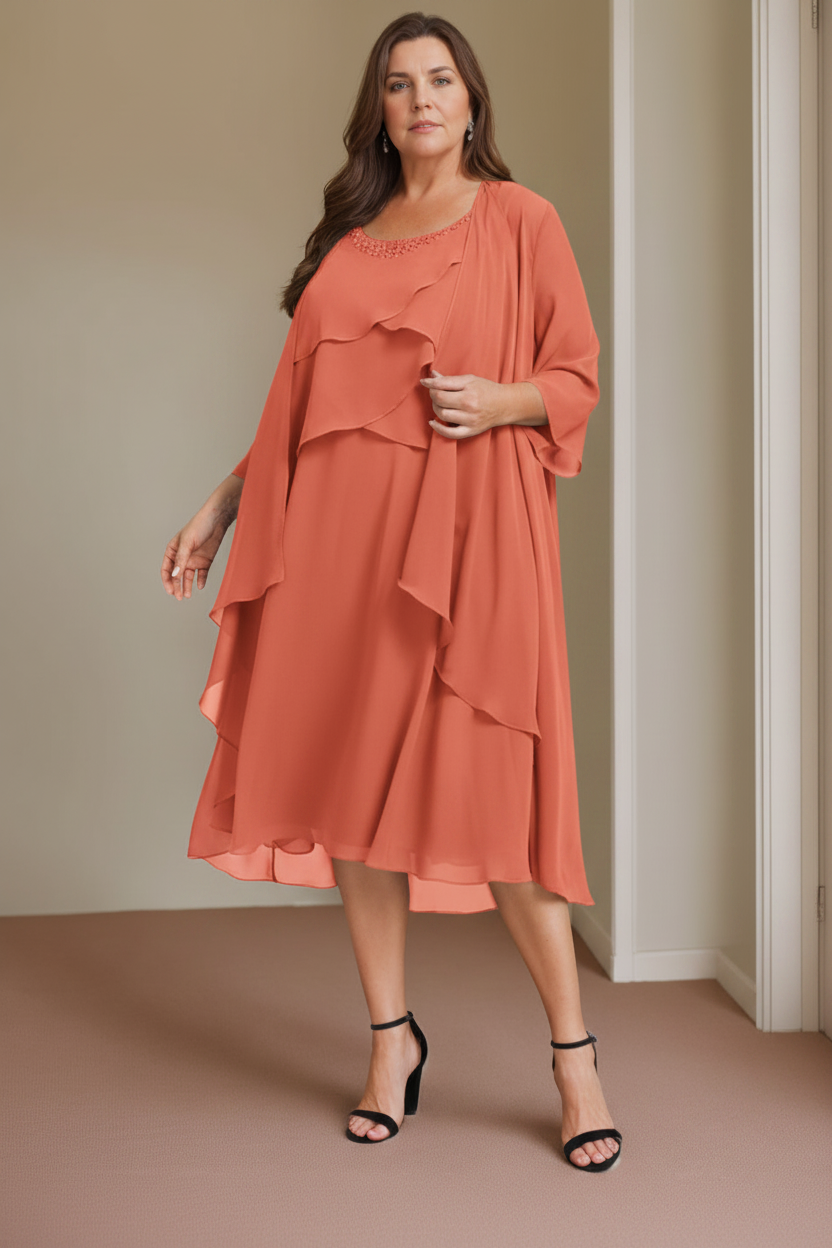 A-Line/Princess Scoop Sleeveless Knee-Length Plus Size Mother of the Bride Dresses with Beading