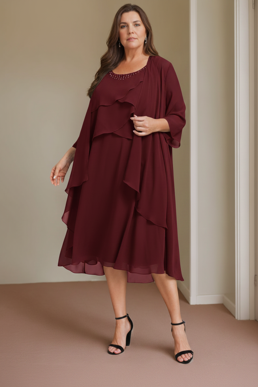 A-Line/Princess Scoop Sleeveless Knee-Length Plus Size Mother of the Bride Dresses with Beading