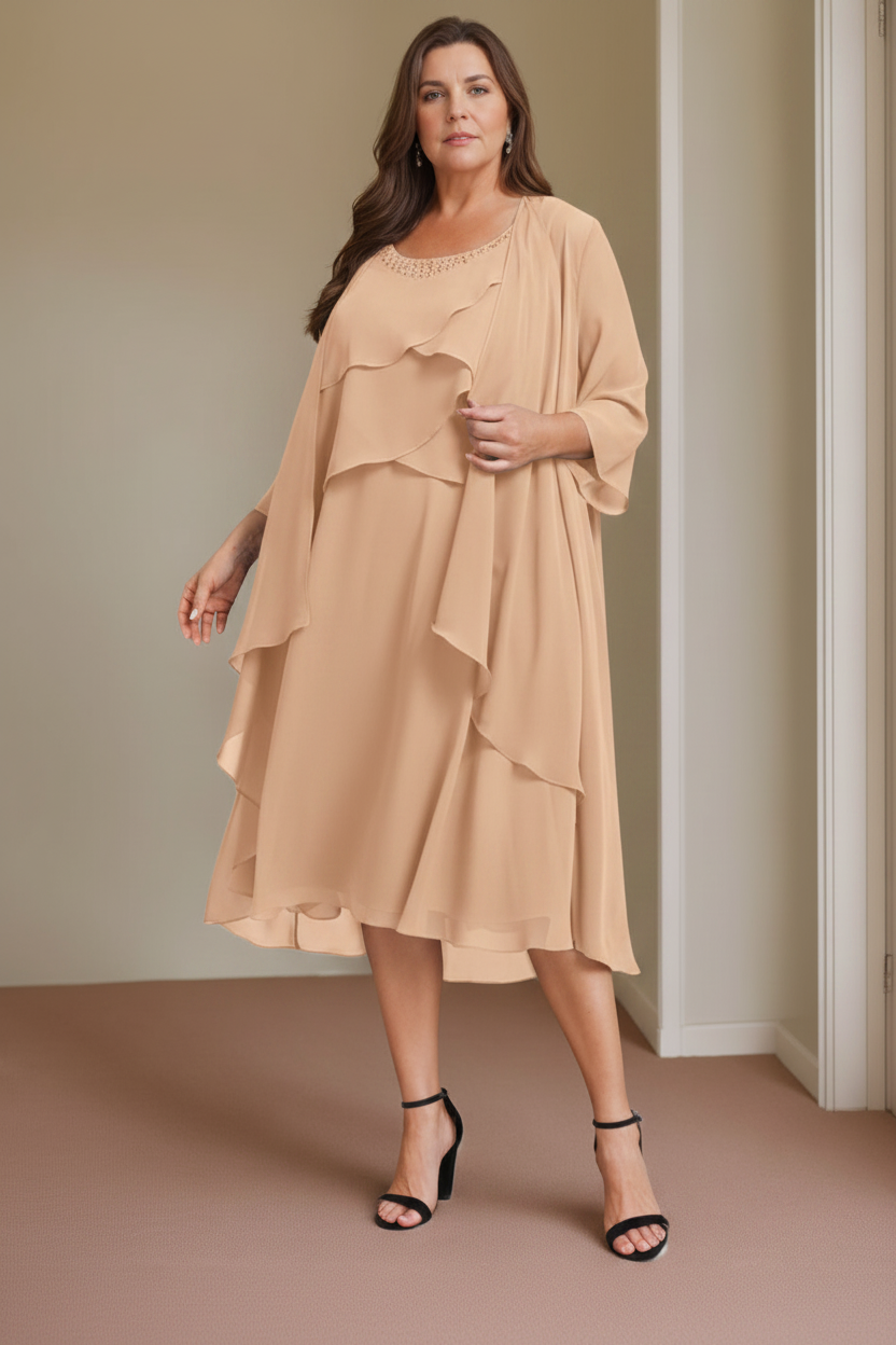 A-Line/Princess Scoop Sleeveless Knee-Length Plus Size Mother of the Bride Dresses with Beading