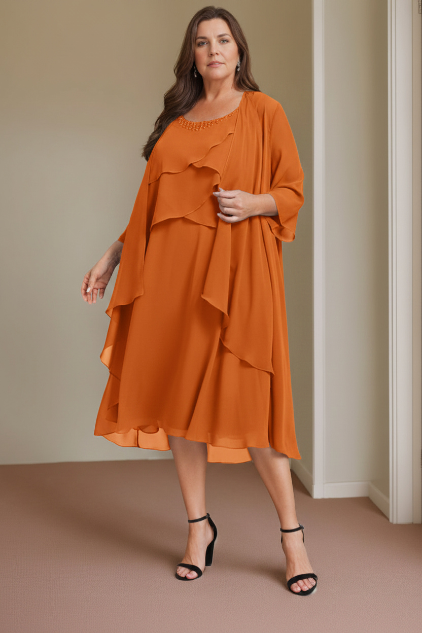 A-Line/Princess Scoop Sleeveless Knee-Length Plus Size Mother of the Bride Dresses with Beading