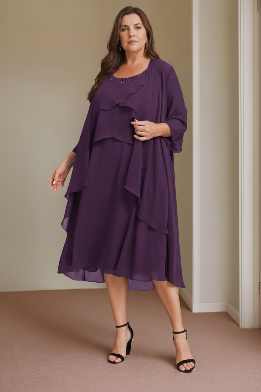 A-Line/Princess Scoop Sleeveless Knee-Length Plus Size Mother of the Bride Dresses with Beading