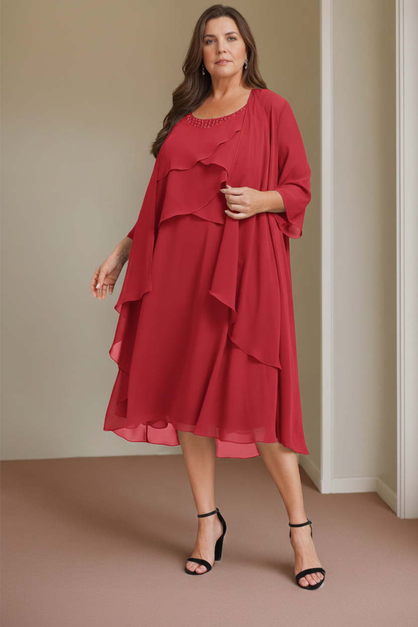 A-Line/Princess Scoop Sleeveless Knee-Length Plus Size Mother of the Bride Dresses with Beading