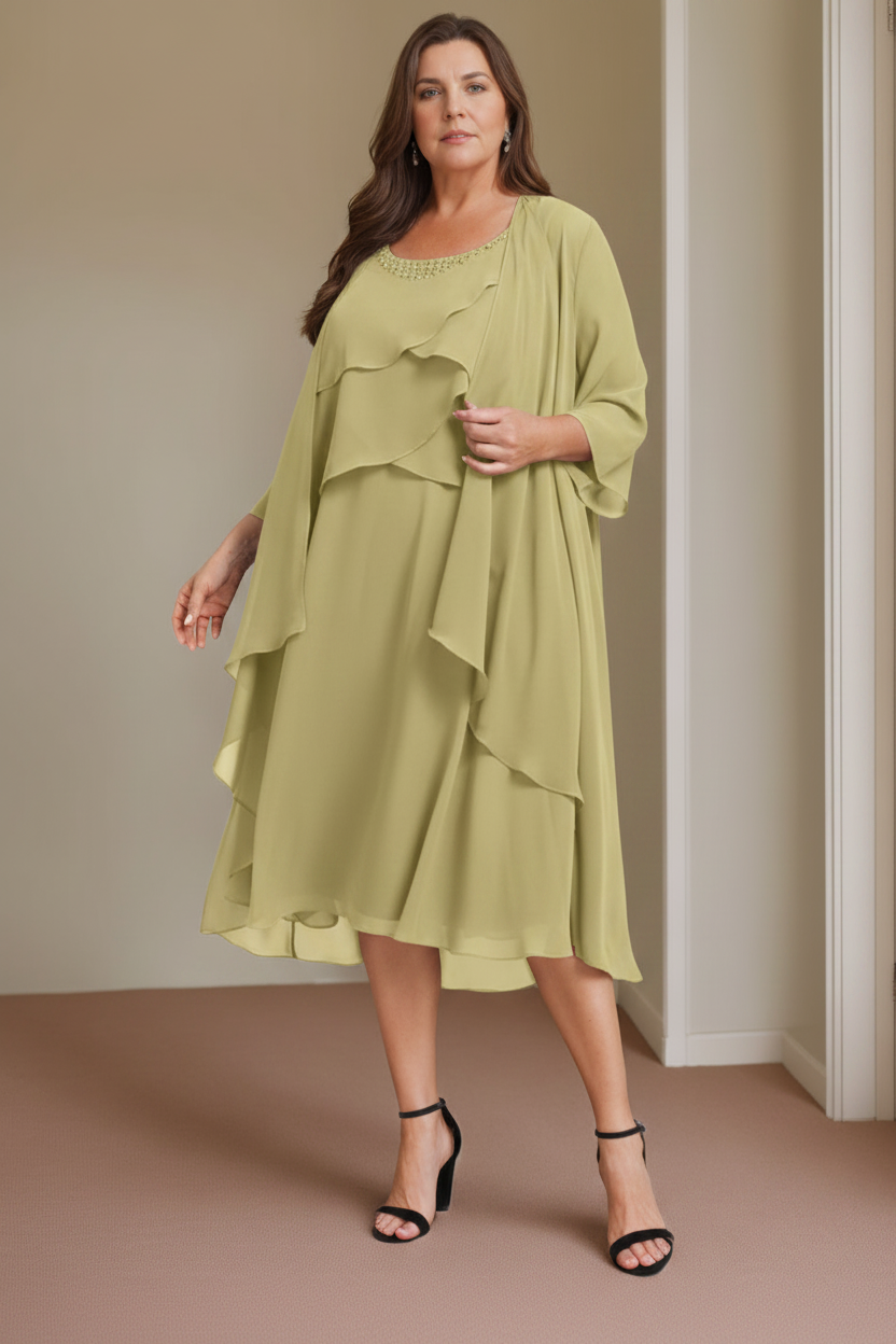 A-Line/Princess Scoop Sleeveless Knee-Length Plus Size Mother of the Bride Dresses with Beading