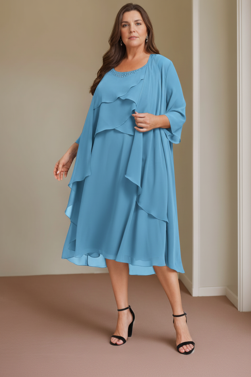 A-Line/Princess Scoop Sleeveless Knee-Length Plus Size Mother of the Bride Dresses with Beading