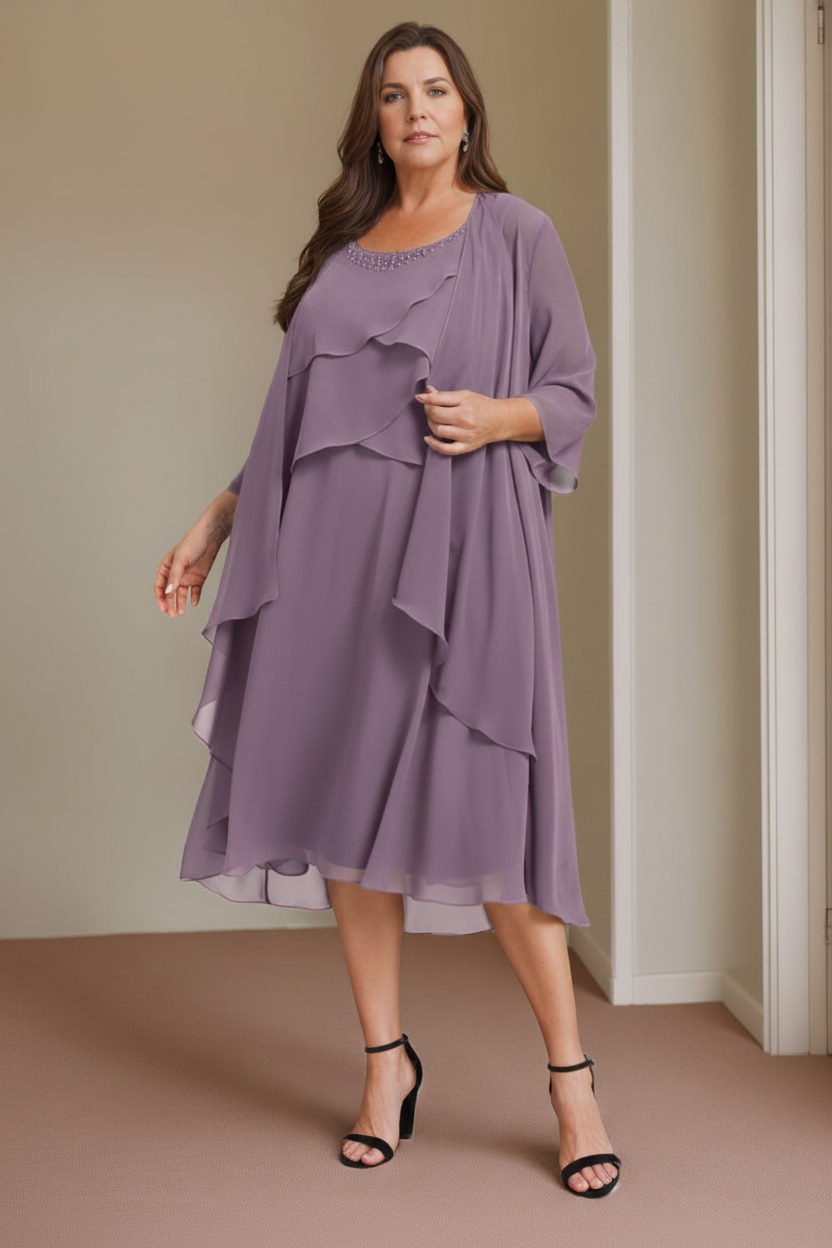 A-Line/Princess Scoop Sleeveless Knee-Length Plus Size Mother of the Bride Dresses with Beading
