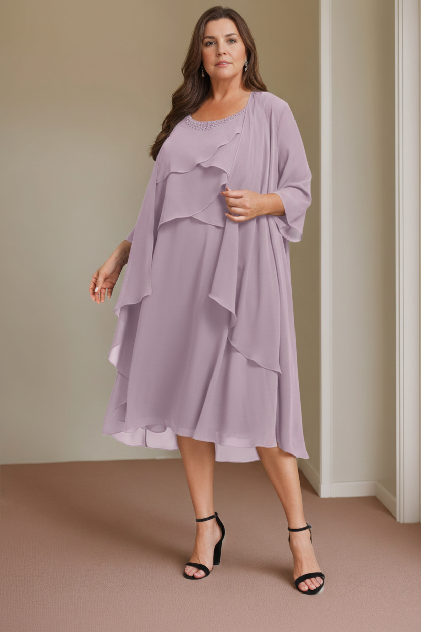 A-Line/Princess Scoop Sleeveless Knee-Length Plus Size Mother of the Bride Dresses with Beading