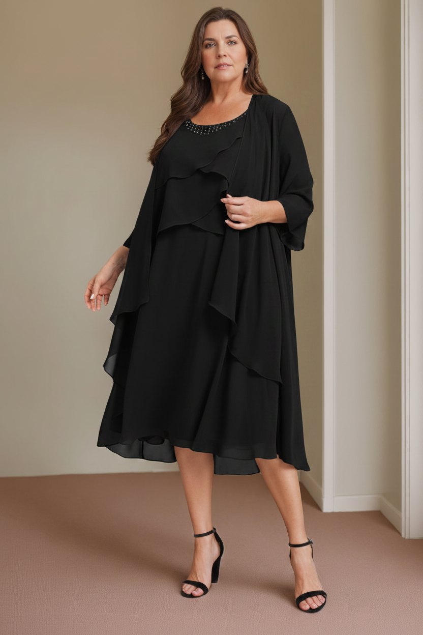 A-Line/Princess Scoop Sleeveless Knee-Length Plus Size Mother of the Bride Dresses with Beading