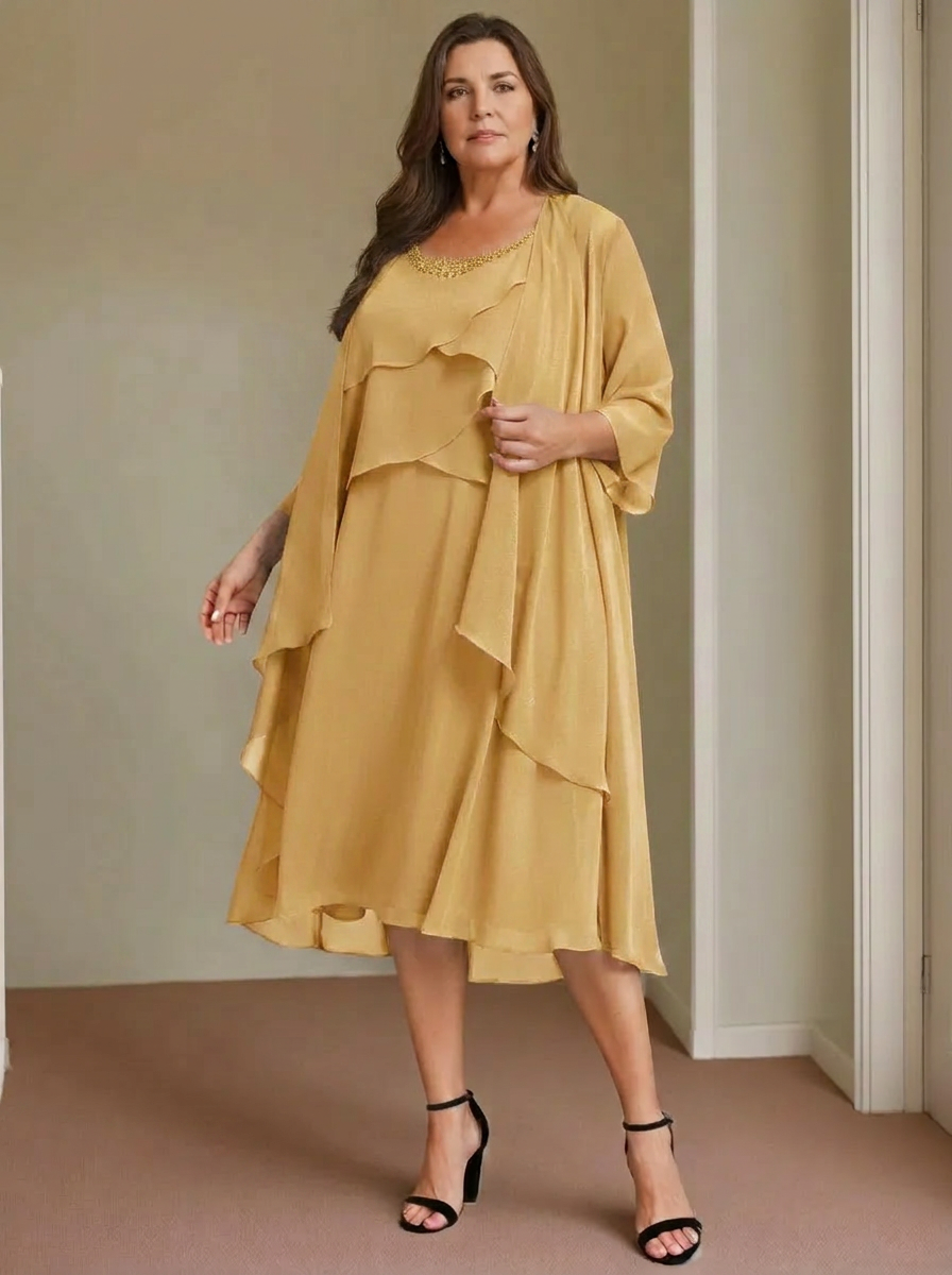 A-Line/Princess Scoop Sleeveless Knee-Length Plus Size Mother of the Bride Dresses with Beading