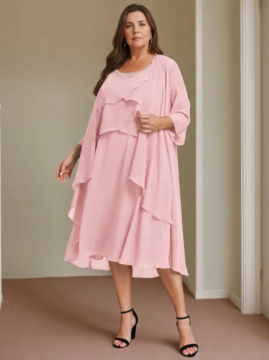 A-Line/Princess Scoop Sleeveless Knee-Length Plus Size Mother of the Bride Dresses with Beading