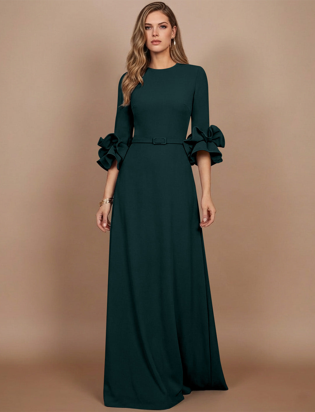 A-Line/Princess Scoop Stretch Satin Mother of the Bride Dresses Floor-Length 3/4 Sleeves Ruffles