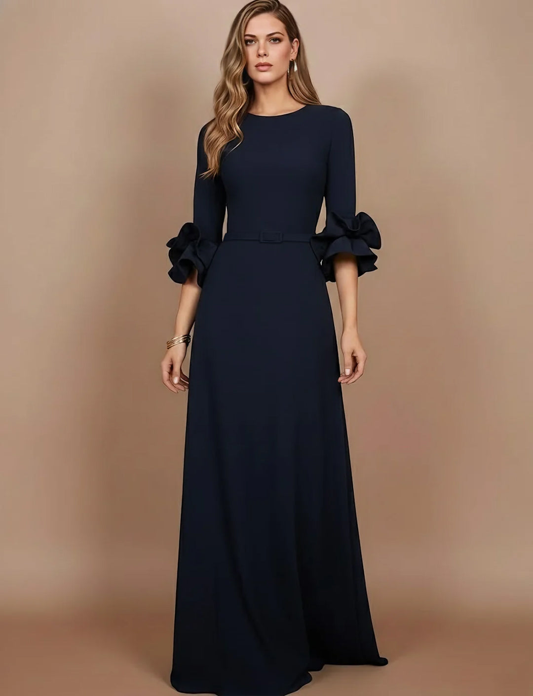 A-Line/Princess Scoop Stretch Satin Mother of the Bride Dresses Floor-Length 3/4 Sleeves Ruffles