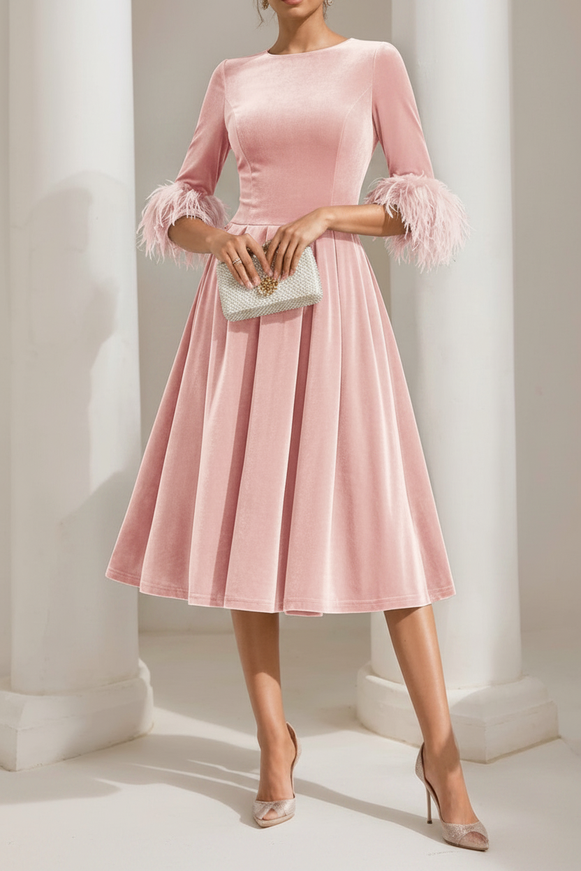 A-Line/Princess Scoop Velvet Mother of the Bride Dresses Half Sleeves Feather-trimmed
