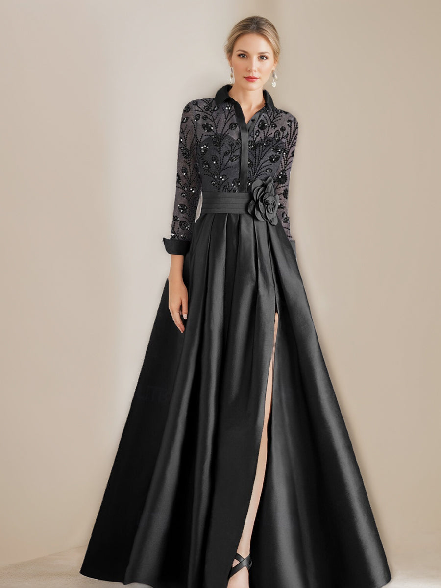 A-Line/Princess Shirt Collar Long Sleeves Floor-Length Mother of the Bride  Dresses with Appliques & Flower Belt – misshow.com