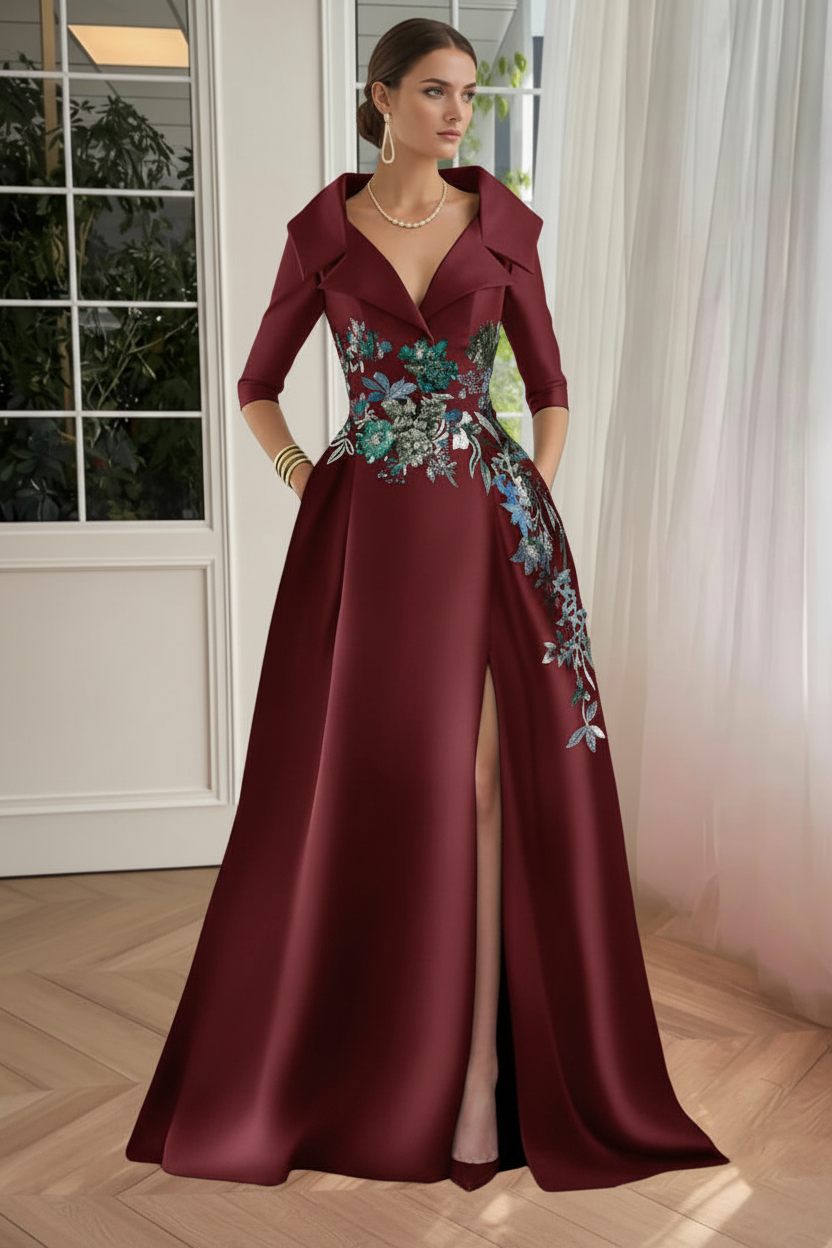 A-Line/Princess Shirt Collar Satin Mother of the Bride Dresses Half Sleeves Floral Sequins Lace Floor-Length with Split Side
