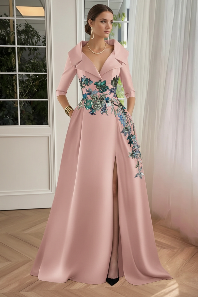 A-Line/Princess Shirt Collar Satin Mother of the Bride Dresses Half Sleeves Floral Sequins Lace Floor-Length with Split Side