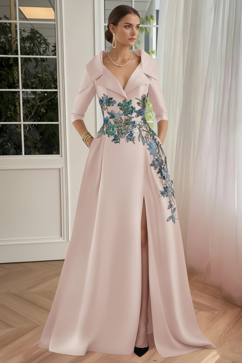 A-Line/Princess Shirt Collar Satin Mother of the Bride Dresses Half Sleeves Floral Sequins Lace Floor-Length with Split Side