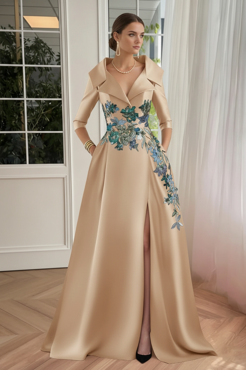 A-Line/Princess Shirt Collar Satin Mother of the Bride Dresses Half Sleeves Floral Sequins Lace Floor-Length with Split Side