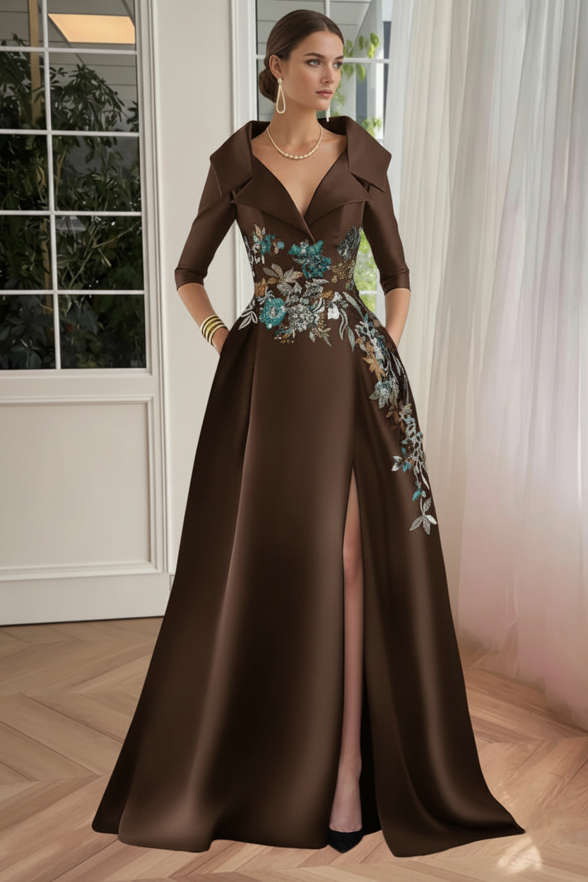 A-Line/Princess Shirt Collar Satin Mother of the Bride Dresses Half Sleeves Floral Sequins Lace Floor-Length with Split Side