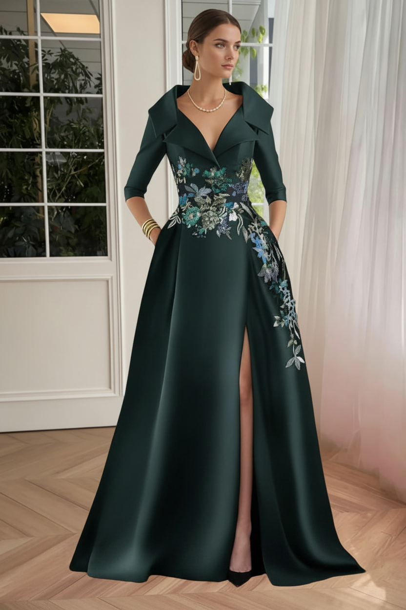 A-Line/Princess Shirt Collar Satin Mother of the Bride Dresses Half Sleeves Floral Sequins Lace Floor-Length with Split Side