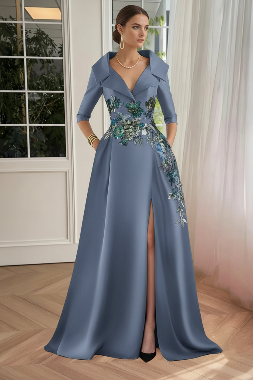 A-Line/Princess Shirt Collar Satin Mother of the Bride Dresses Half Sleeves Floral Sequins Lace Floor-Length with Split Side