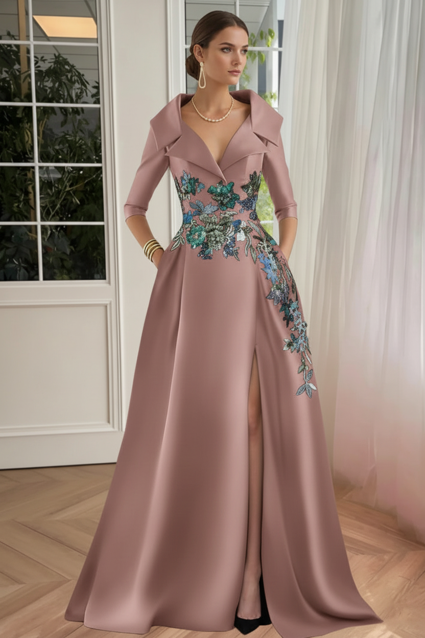 A-Line/Princess Shirt Collar Satin Mother of the Bride Dresses Half Sleeves Floral Sequins Lace Floor-Length with Split Side
