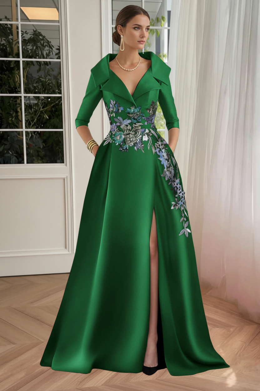 A-Line/Princess Shirt Collar Satin Mother of the Bride Dresses Half Sleeves Floral Sequins Lace Floor-Length with Split Side