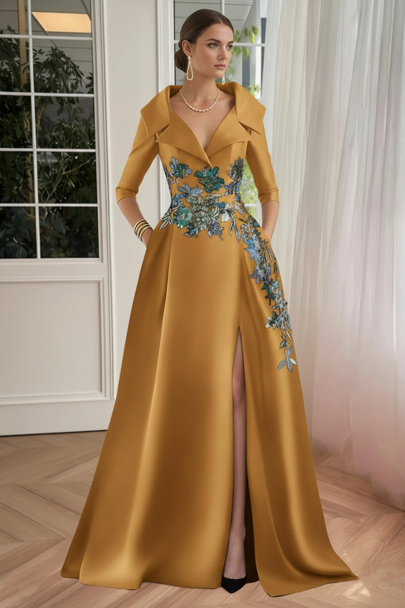 A-Line/Princess Shirt Collar Satin Mother of the Bride Dresses Half Sleeves Floral Sequins Lace Floor-Length with Split Side