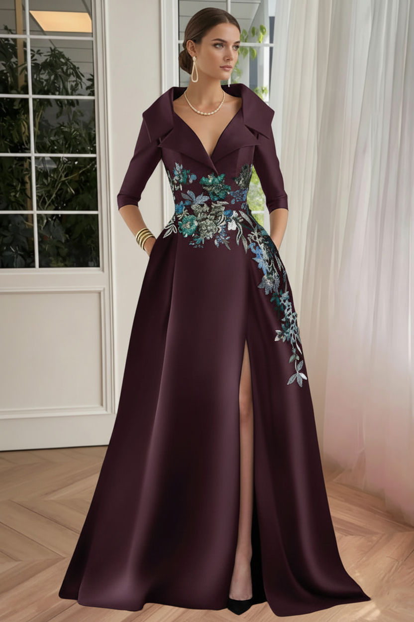 A-Line/Princess Shirt Collar Satin Mother of the Bride Dresses Half Sleeves Floral Sequins Lace Floor-Length with Split Side