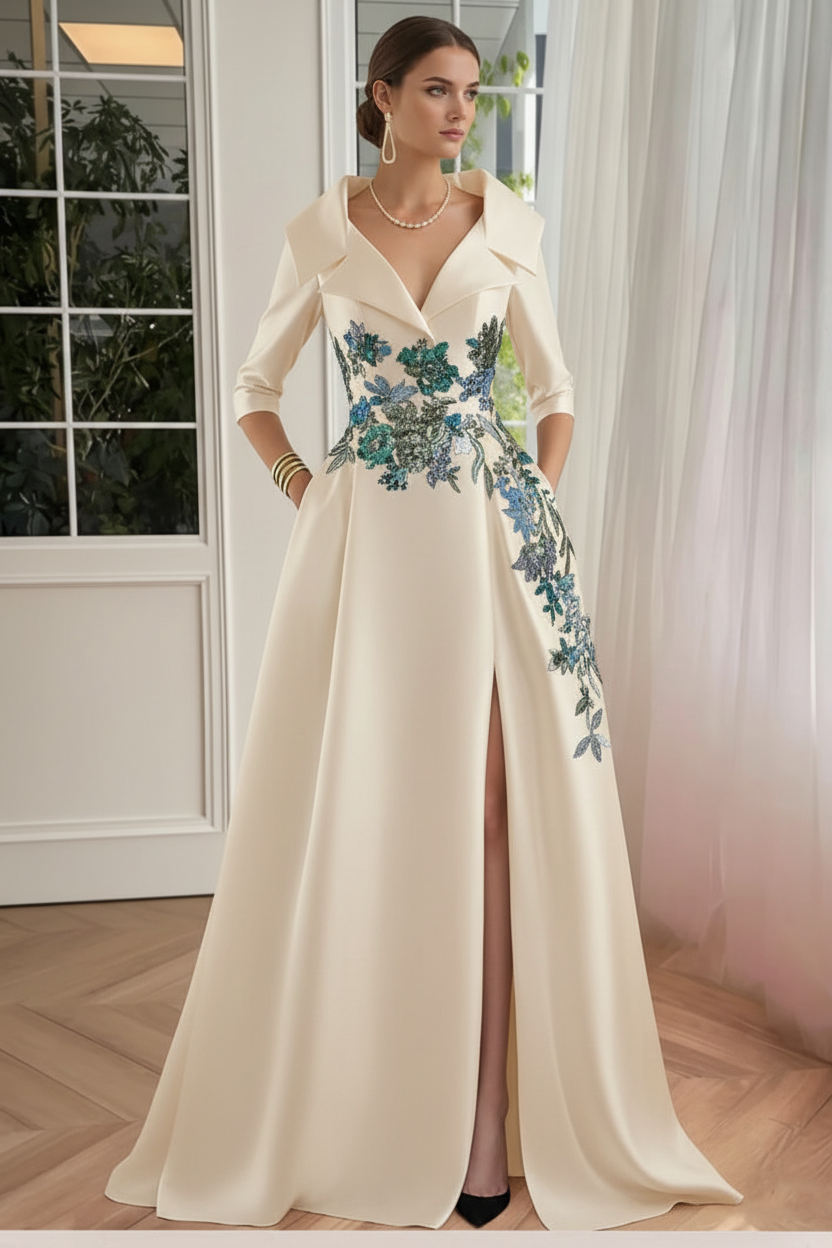 A-Line/Princess Shirt Collar Satin Mother of the Bride Dresses Half Sleeves Floral Sequins Lace Floor-Length with Split Side