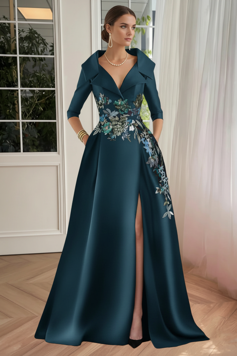A-Line/Princess Shirt Collar Satin Mother of the Bride Dresses Half Sleeves Floral Sequins Lace Floor-Length with Split Side