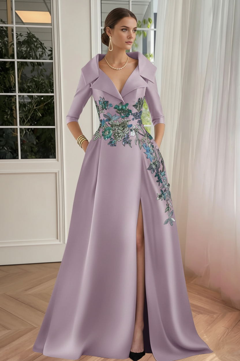 A-Line/Princess Shirt Collar Satin Mother of the Bride Dresses Half Sleeves Floral Sequins Lace Floor-Length with Split Side