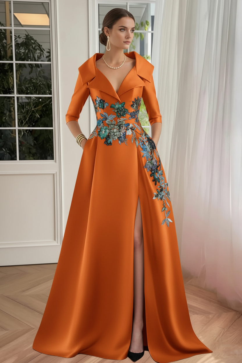A-Line/Princess Shirt Collar Satin Mother of the Bride Dresses Half Sleeves Floral Sequins Lace Floor-Length with Split Side