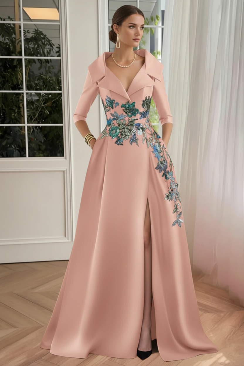 A-Line/Princess Shirt Collar Satin Mother of the Bride Dresses Half Sleeves Floral Sequins Lace Floor-Length with Split Side