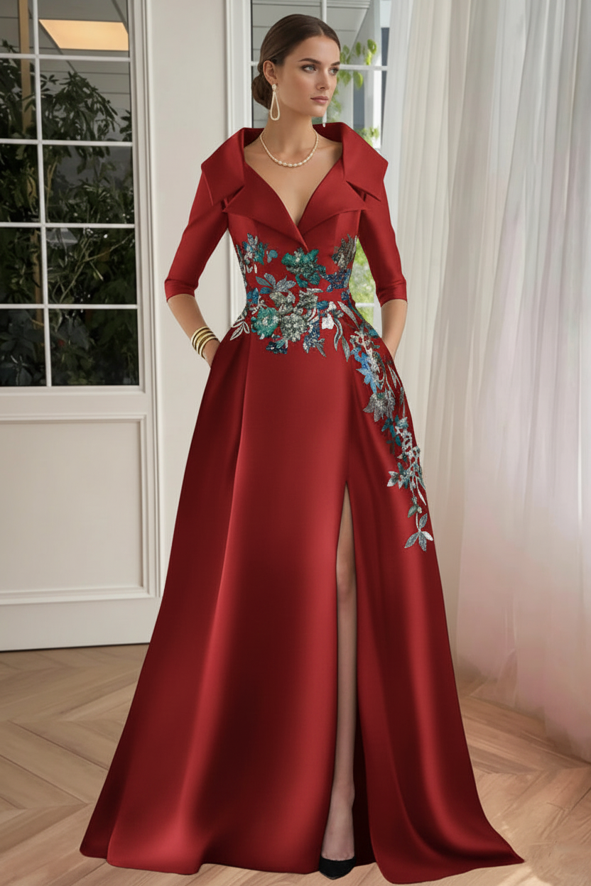 A-Line/Princess Shirt Collar Satin Mother of the Bride Dresses Half Sleeves Floral Sequins Lace Floor-Length with Split Side