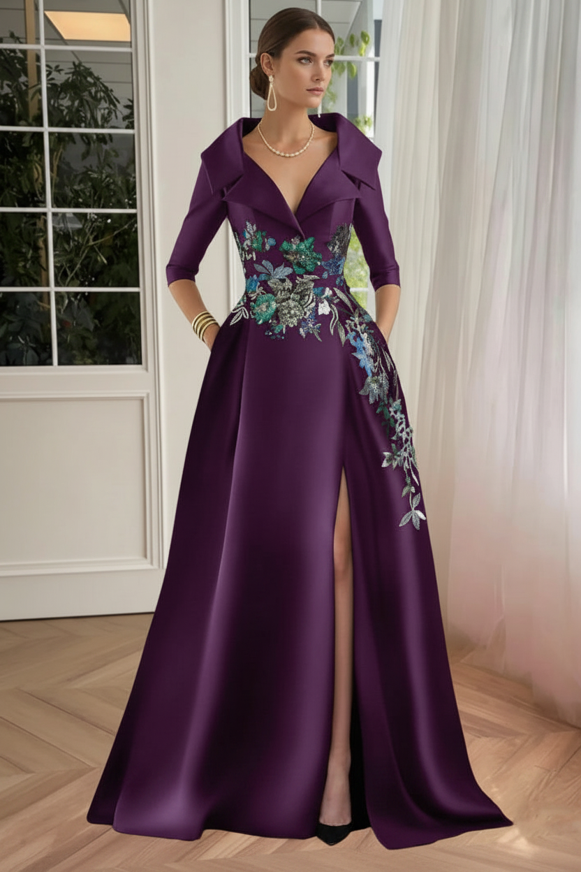 A-Line/Princess Shirt Collar Satin Mother of the Bride Dresses Half Sleeves Floral Sequins Lace Floor-Length with Split Side
