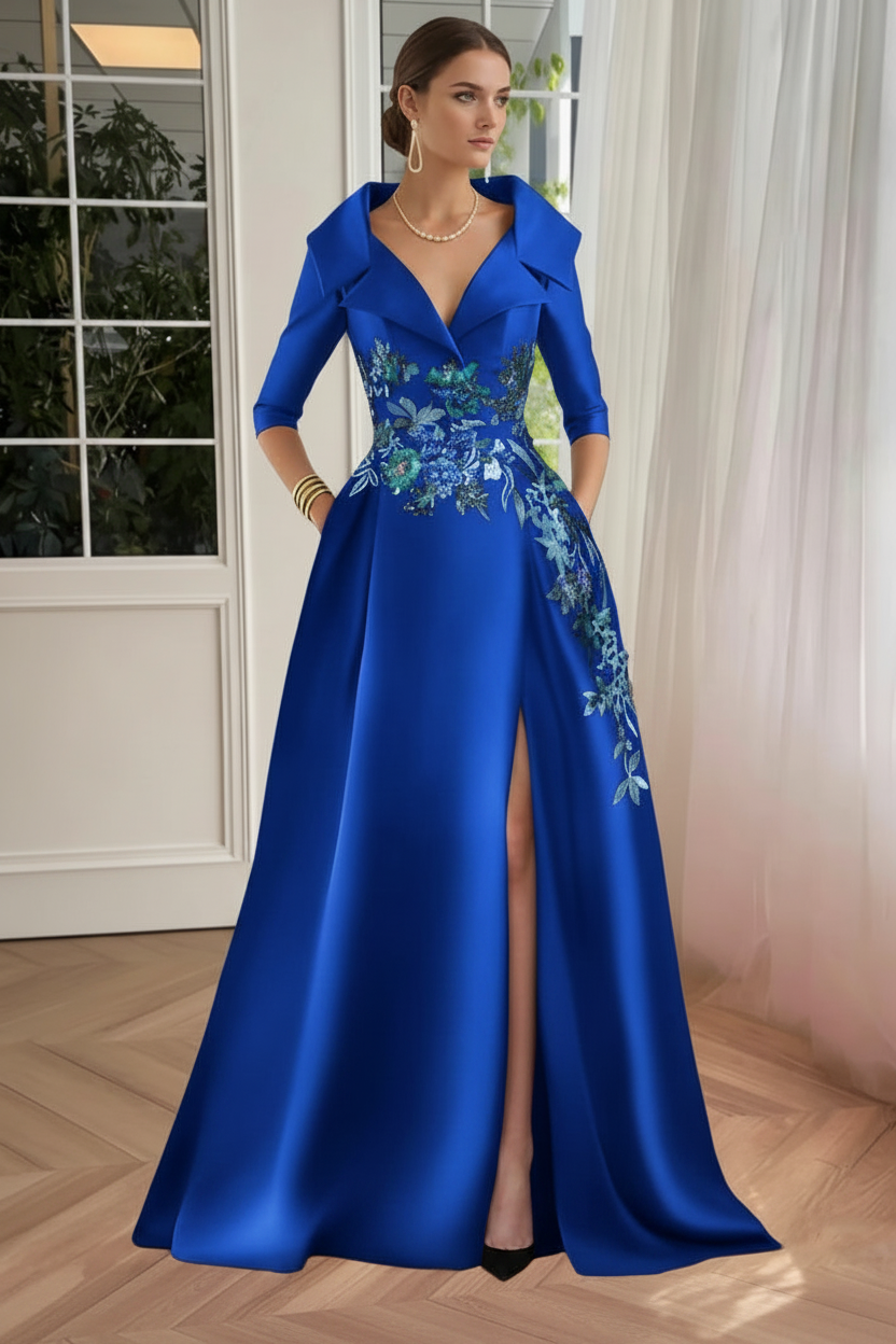 A-Line/Princess Shirt Collar Satin Mother of the Bride Dresses Half Sleeves Floral Sequins Lace Floor-Length with Split Side
